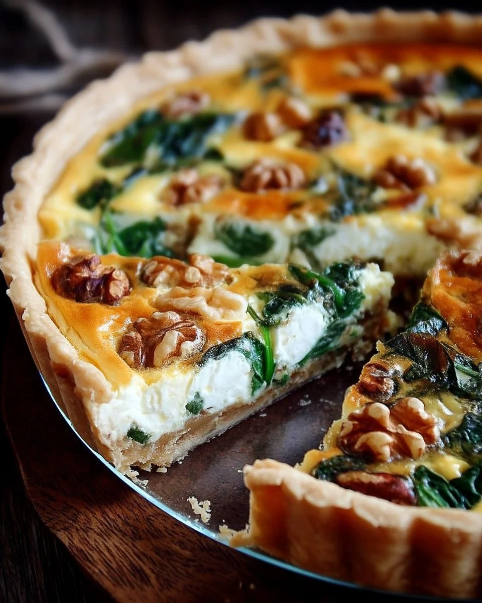 Quiche rustique aux épinards, chèvre, noix et miel, préparation appétissante et savoureuse