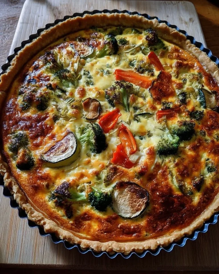 Quiche rustique aux légumes rôtis et fromage doré, plat savoureux et réconfortant.