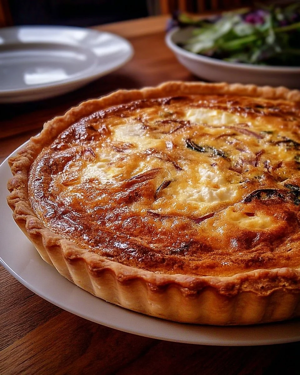 Quiche rustique aux oignons caramélisés, fromage et miel, servie avec une salade fraîche