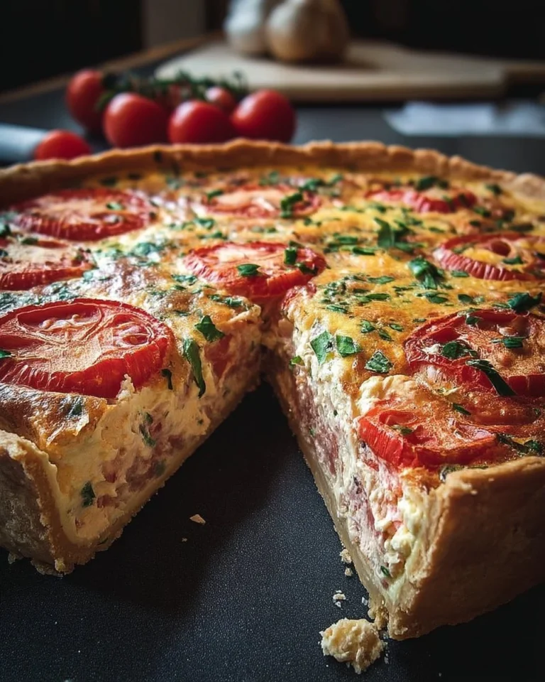 Quiche rustique aux tomates et herbes fraîches, avec un cœur crémeux