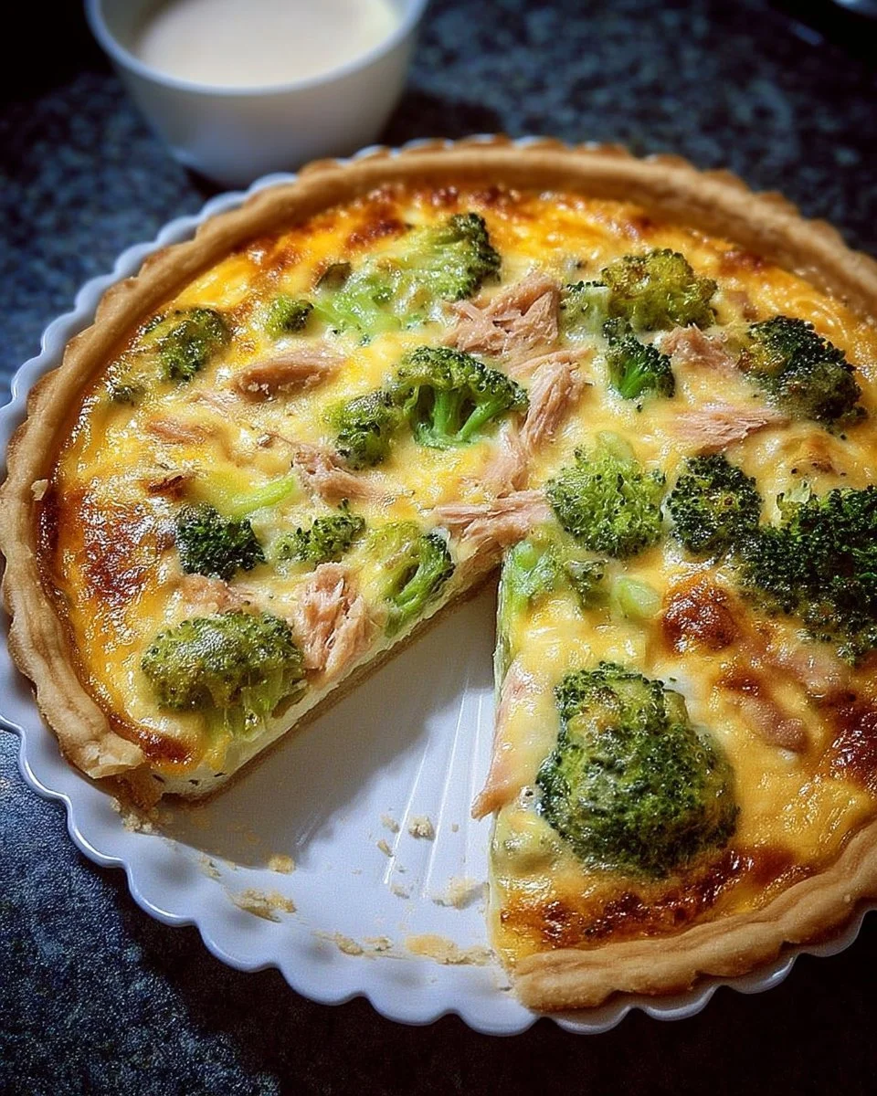 Quiche rustique brocoli et éclats de poisson fumé, une délicieuse recette française.