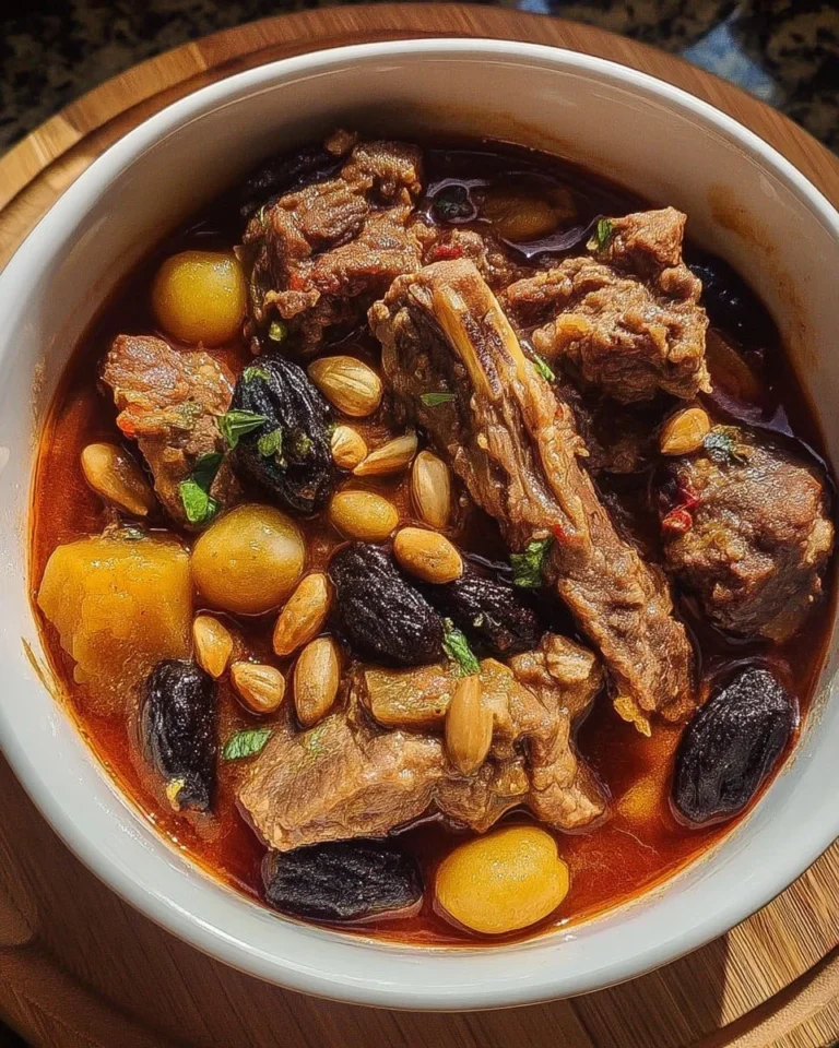 Ragoût d'agneau savoureux aux pruneaux et aux amandes dans un plat traditionnel.