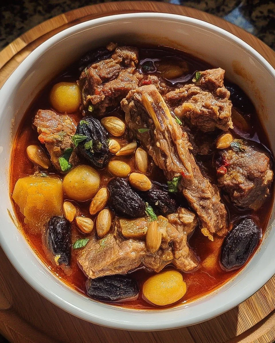 Ragoût d'agneau savoureux aux pruneaux et aux amandes dans un plat traditionnel.