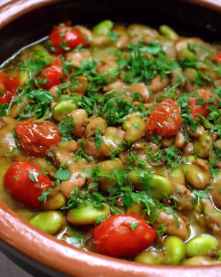 Plat de Ful Medames servi dans un bol, garnie d'huile d'olive et de coriandre.