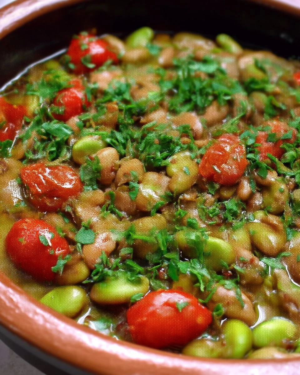 Plat de Ful Medames servi dans un bol, garnie d'huile d'olive et de coriandre.