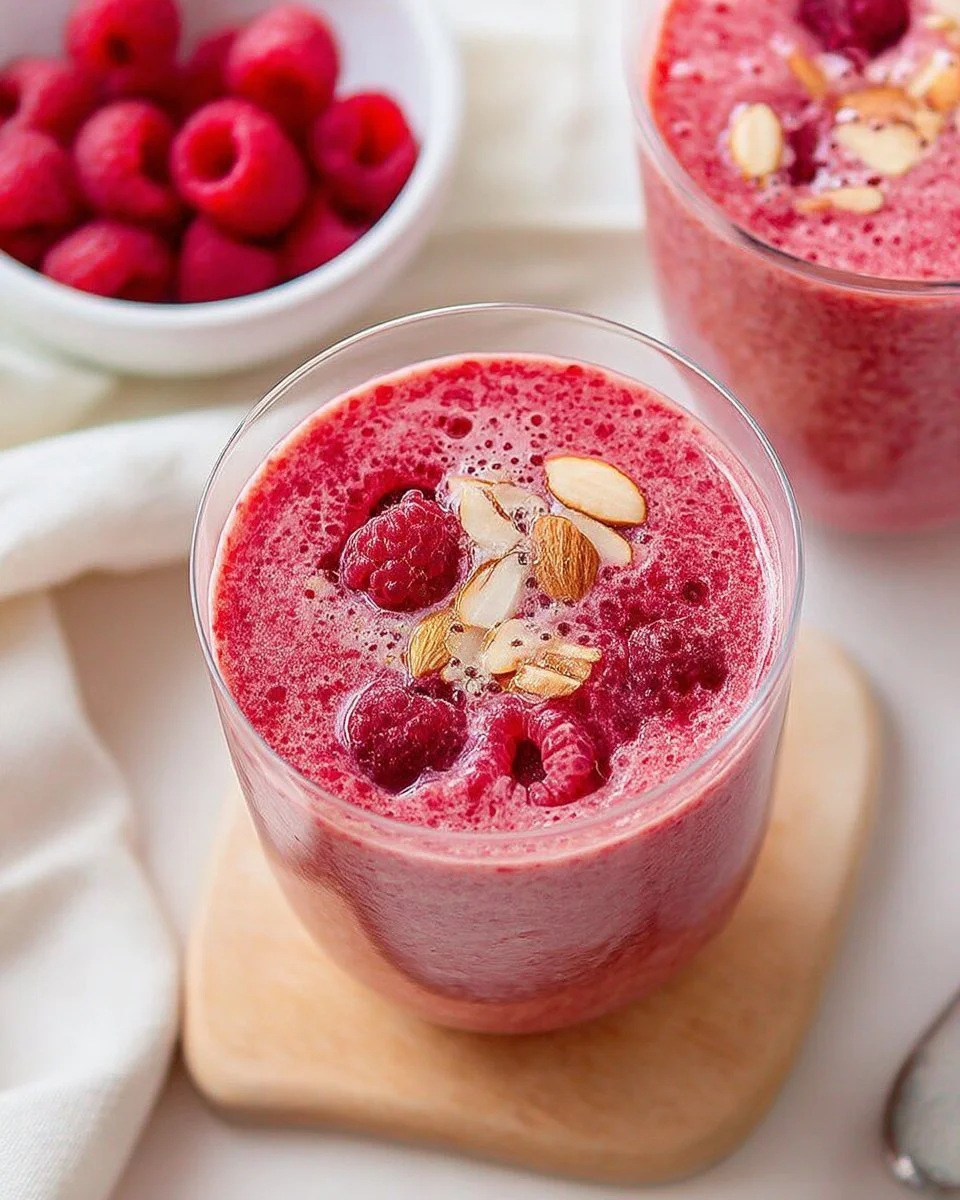 Smoothie framboise et amande dans un verre frais et délicieux