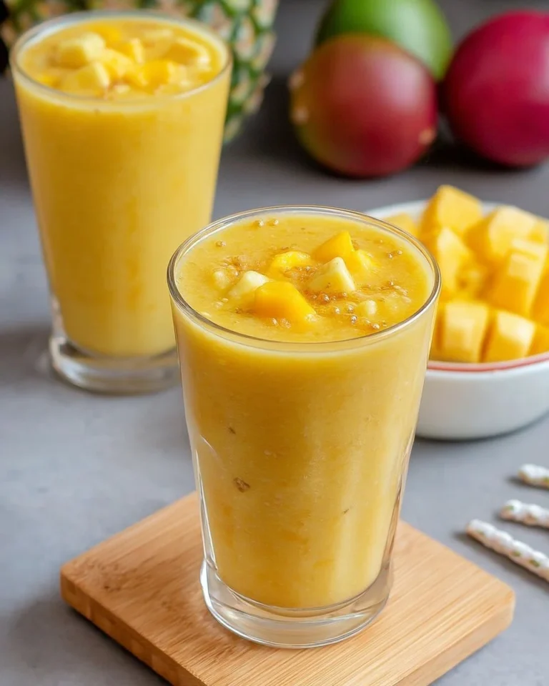 Recette de smoothie tropical à la mangue et à l'ananas dans un verre.