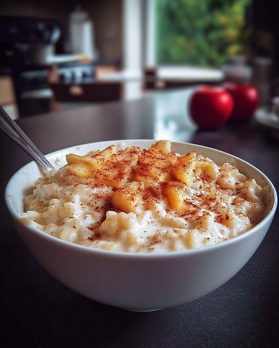 Riz au lait aux pommes et à la cannelle, dessert crémeux et savoureux