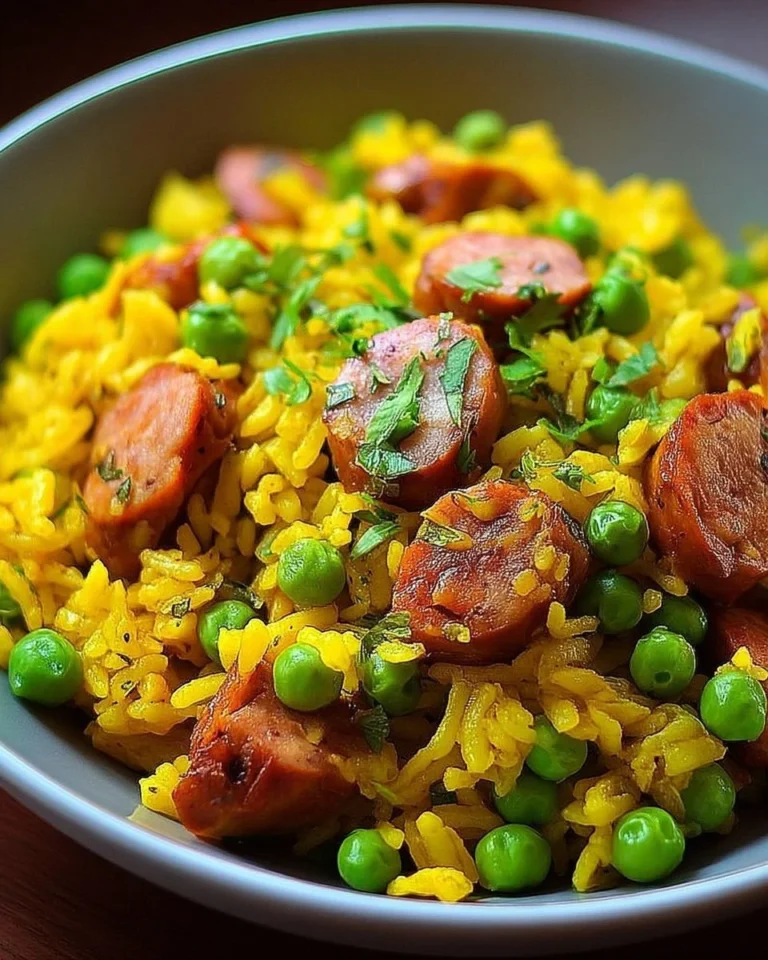 Riz jaune aux saucisses et petits pois, plat savoureux et coloré