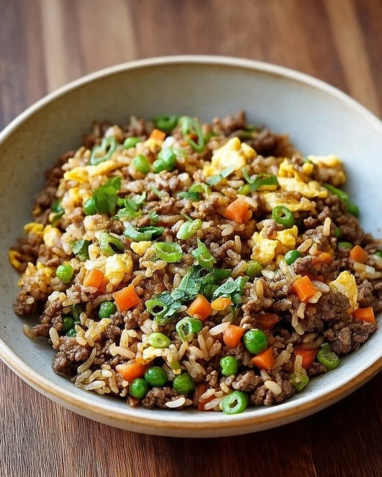 Riz sauté gourmand aux petits légumes et bœuf haché, un plat savoureux et coloré.