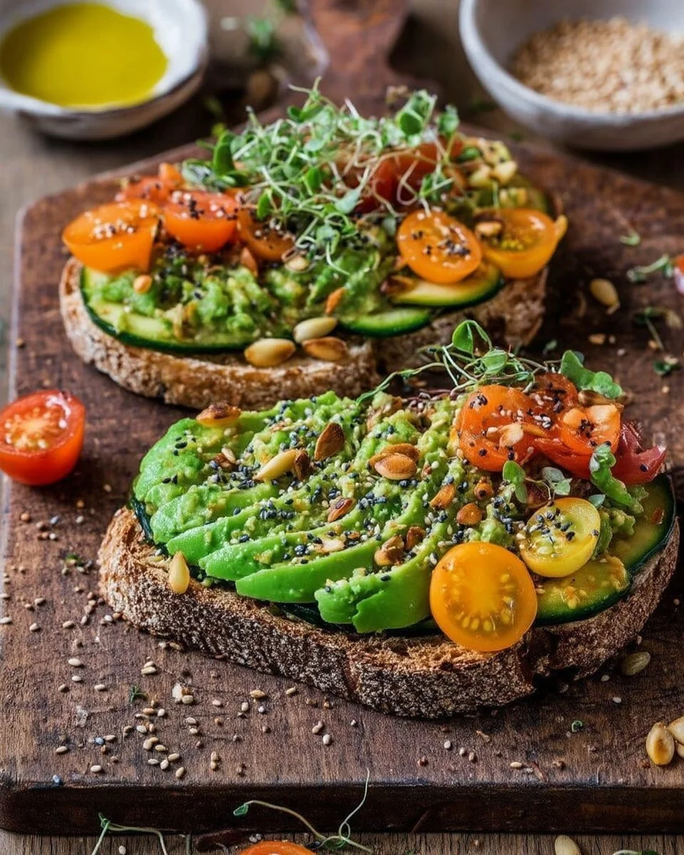 Toast rustique garni d'avocat, légumes croquants et graines nutritives.