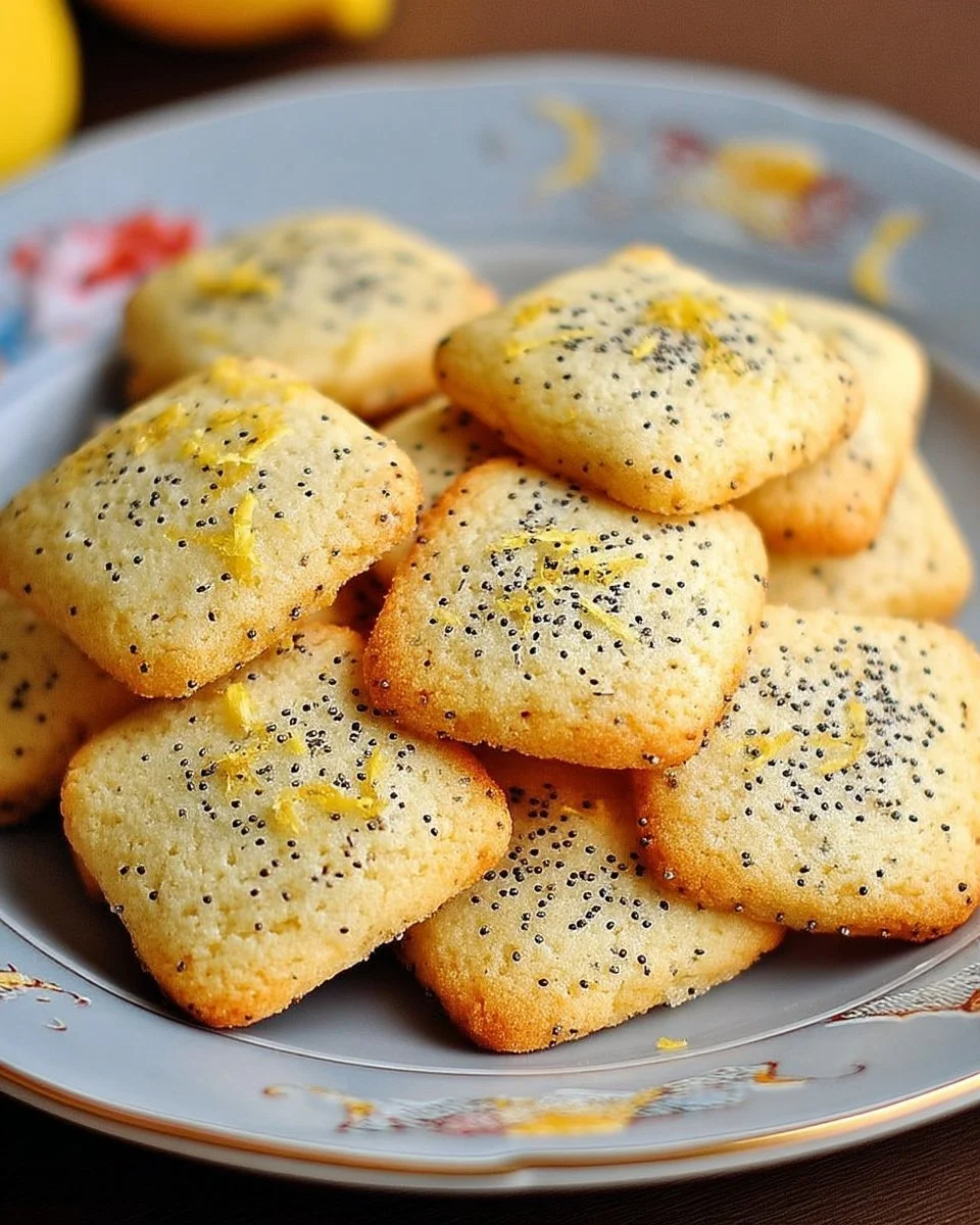 Sablés citron-pavot dorés sur une assiette, prêts à être dégustés.