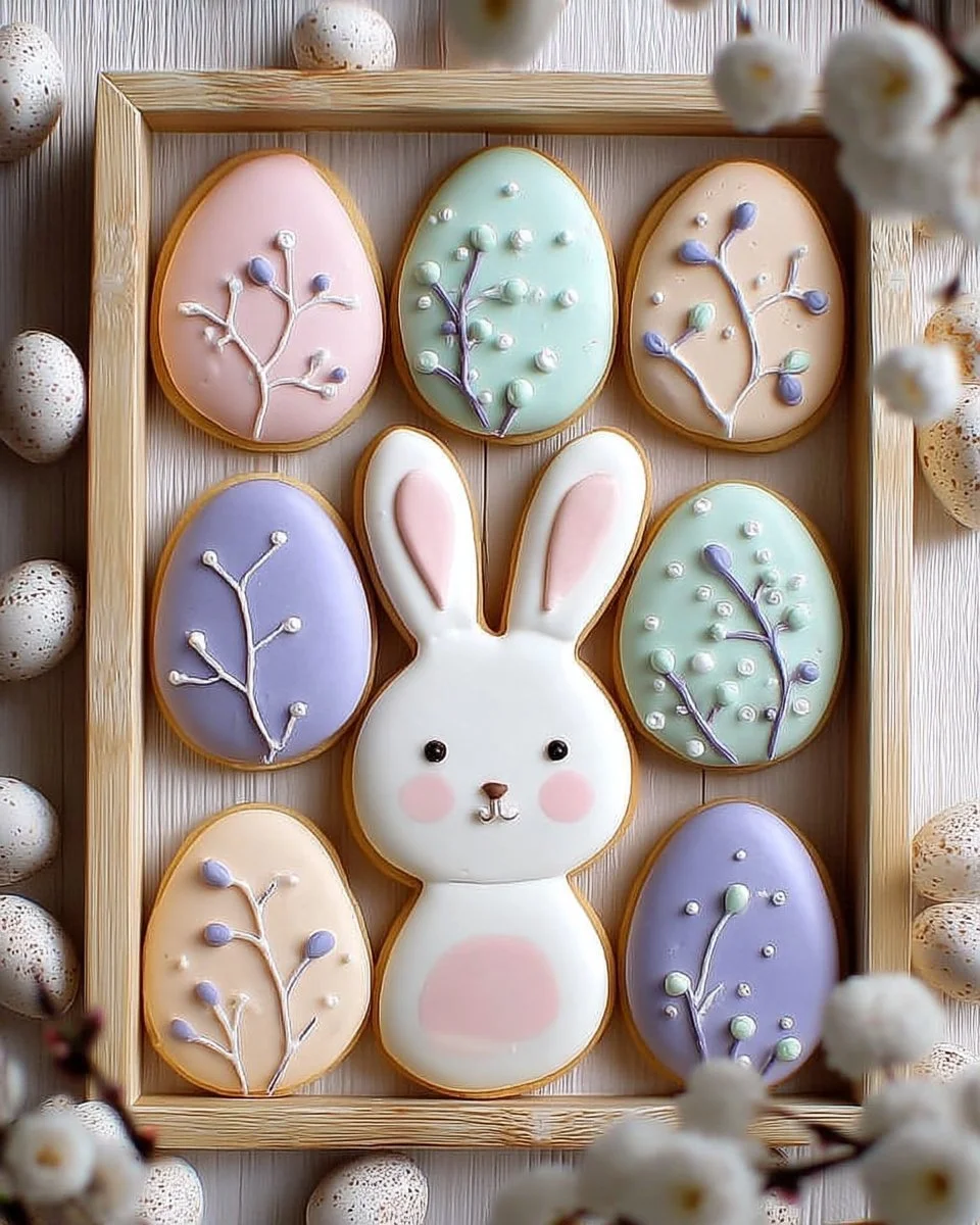 Sablés de Pâques décorés en forme de lapins et d'œufs colorés