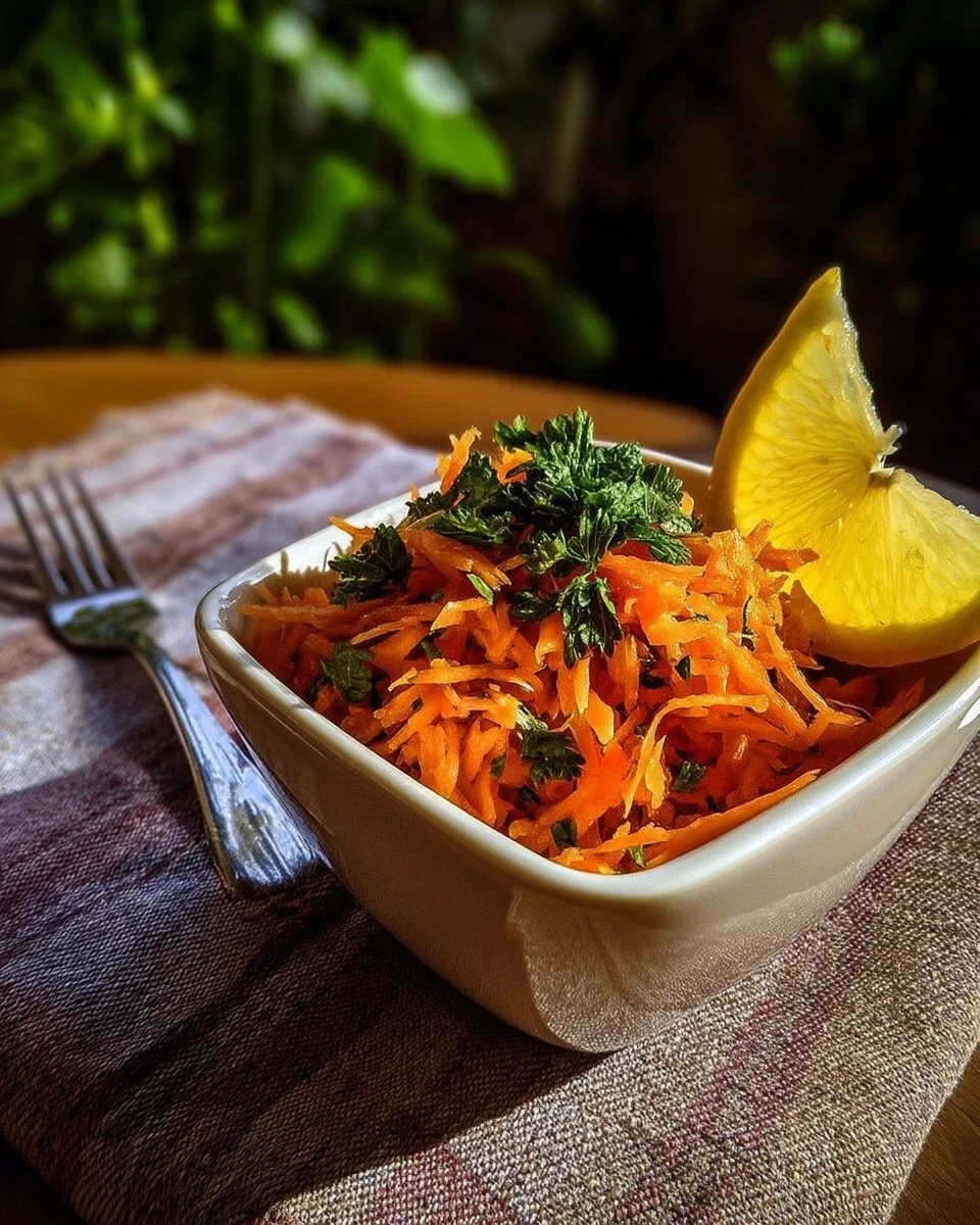 Salade de carottes râpées au citron et persil, un plat frais et coloré.