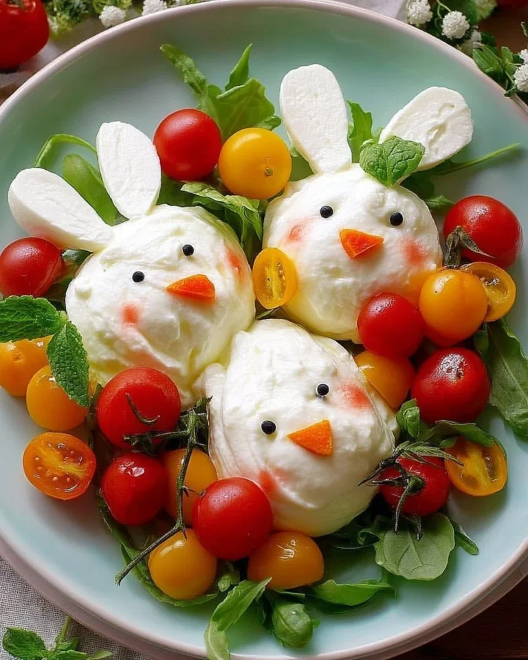 Salade de Pâques avec Burrata Lapin et Tomates Cerises servie dans un bol.