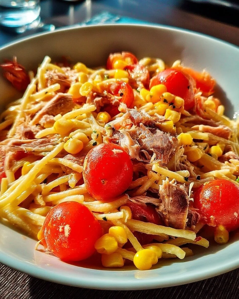 Salade de pâtes au thon, tomates et maïs servie dans un bol coloré