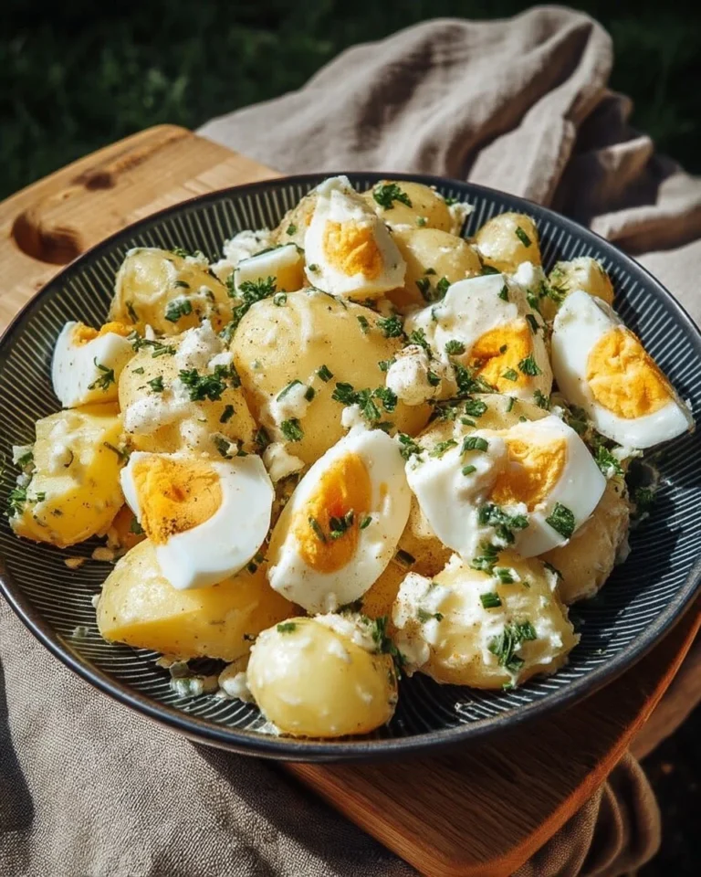 Recette de salade de pommes de terre aux œufs préparée dans un bol.