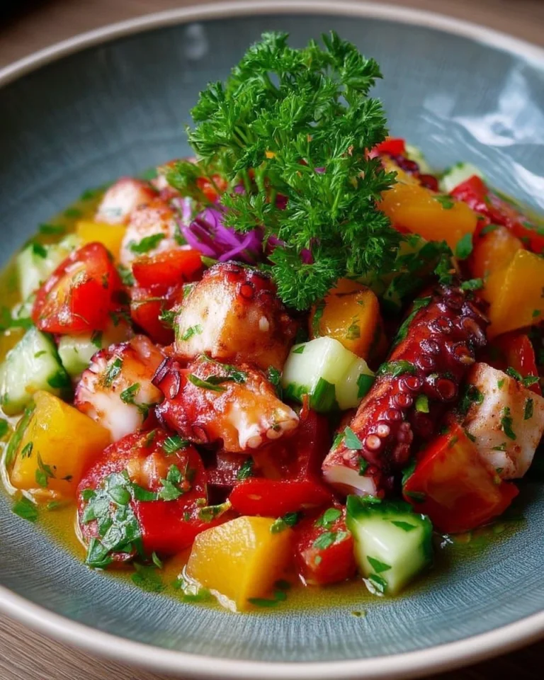 Salade de poulpe à l'espagnole garnie d'ingrédients frais et colorés.