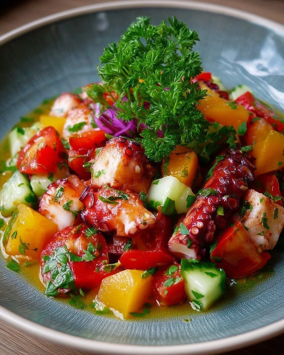 Salade de poulpe à l'espagnole garnie d'ingrédients frais et colorés.