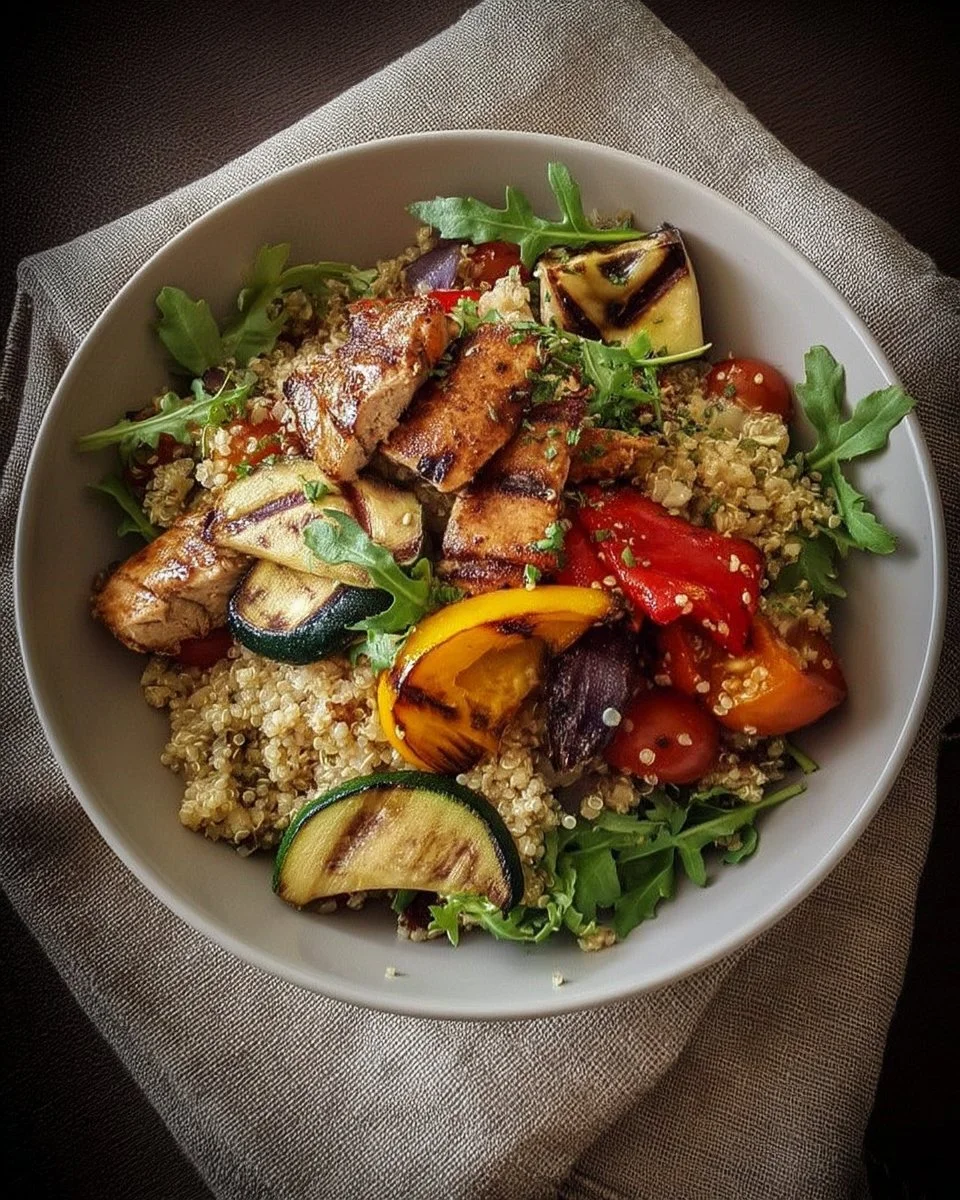 Salade de quinoa avec légumes grillés et poulet dans un bol