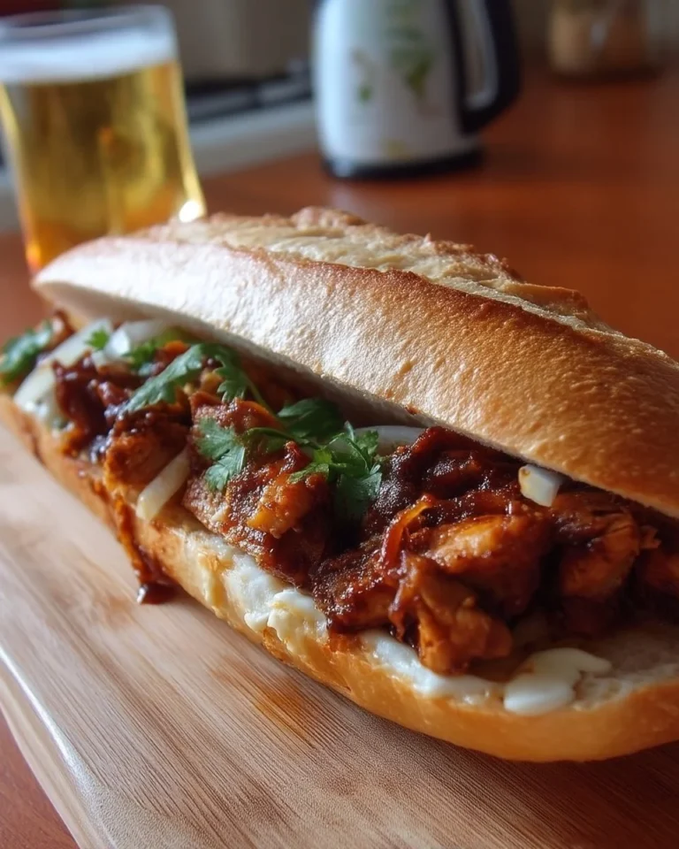 Sandwich baguette maison garni de poulet BBQ savoureux sur une planche en bois.