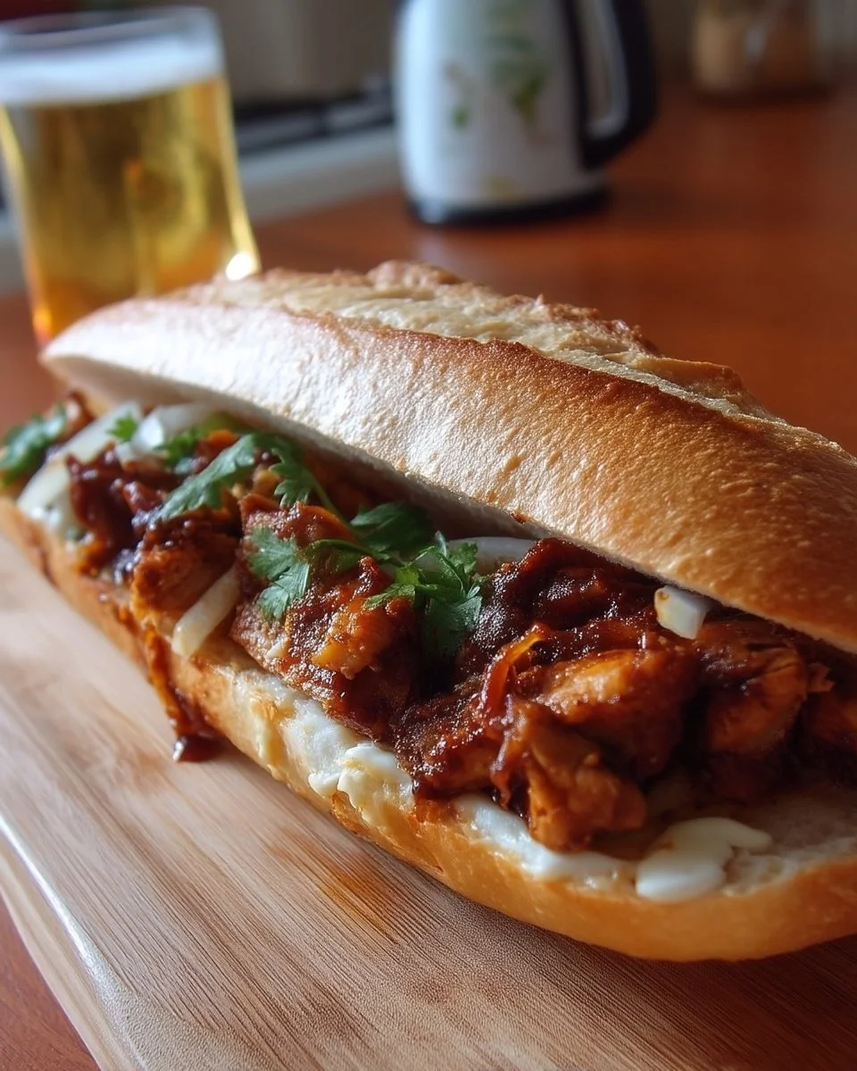 Sandwich baguette maison garni de poulet BBQ savoureux sur une planche en bois.