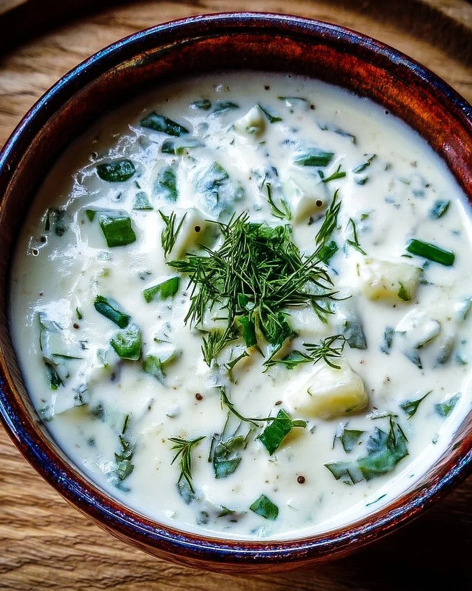 Sauce concombre type tzatziki, prête à déguster avec légumes et viandes.