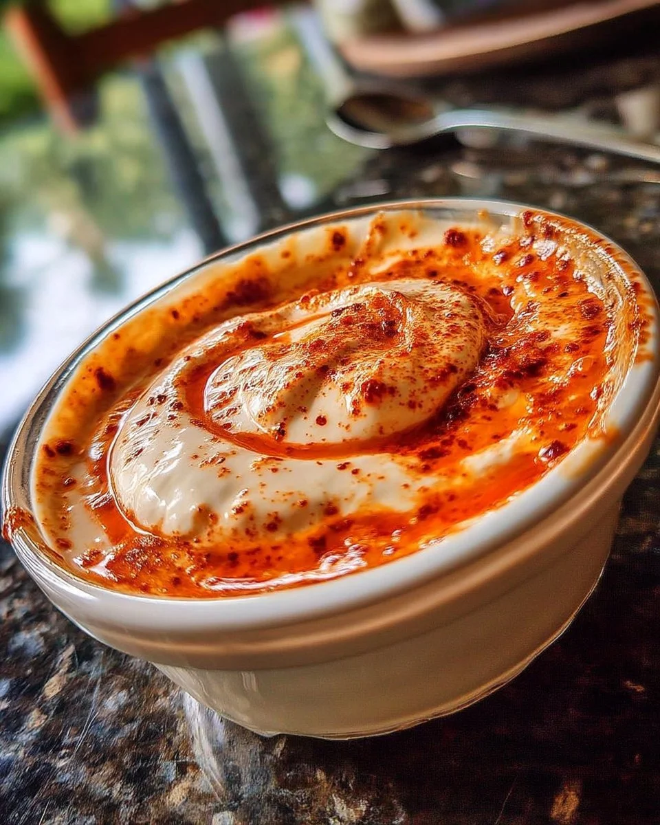 Sauce yaourt épicée à la harissa dans un bol en céramique.