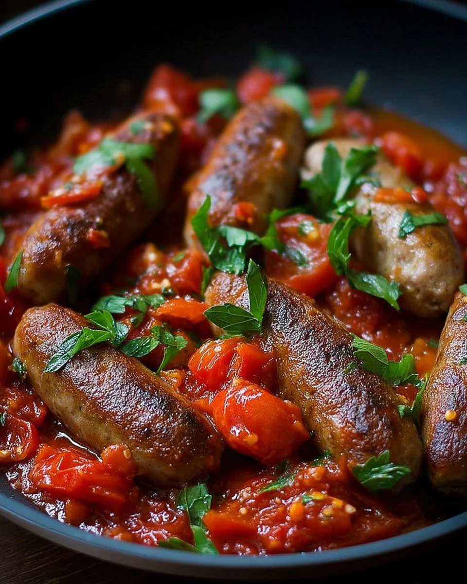 Saucisses dans une sauce tomate maison garnies d'herbes fraîches
