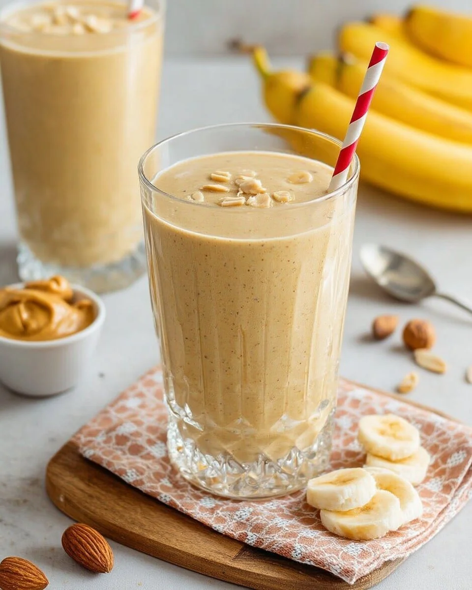 Smoothie à la banane et beurre de cacahuète dans un verre avec une paille