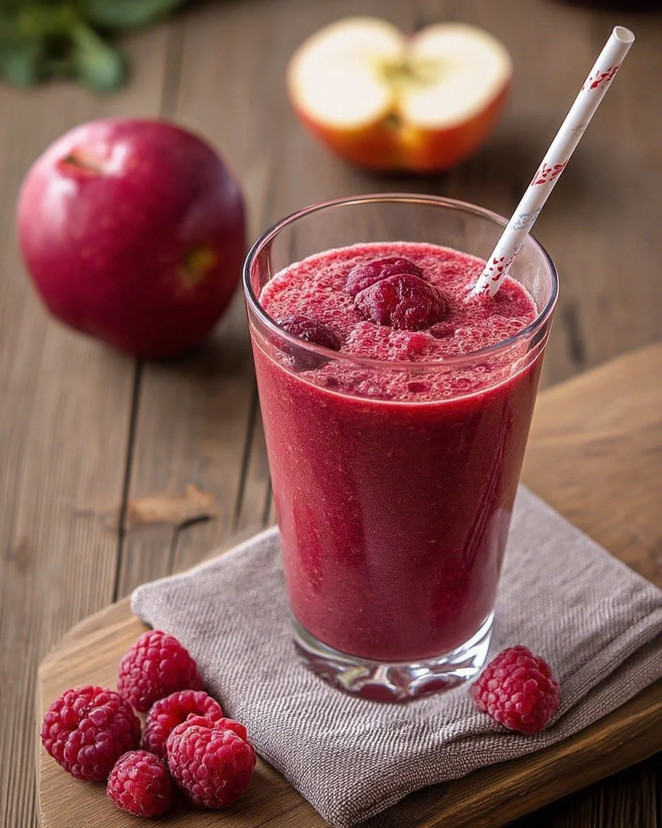 Smoothie à la betterave, framboises et pomme dans un verre avec des ingrédients frais.