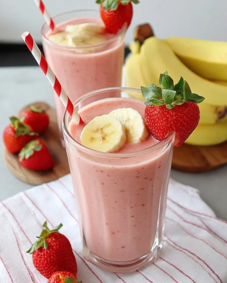 Smoothie frais aux fraises et banane, parfait pour un petit déjeuner sain.
