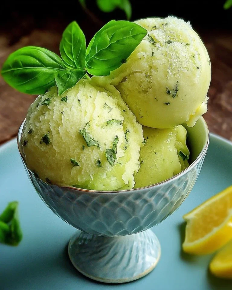 Sorbet citron-basilic rafraîchissant dans un bol, garnie de feuilles de basilic.