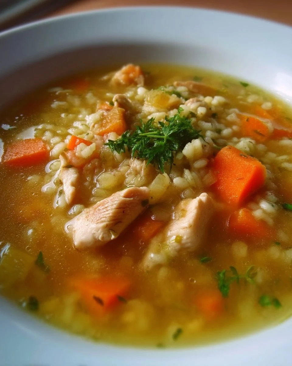 Soupe à l'orge et au poulet chaude et savoureuse dans un bol.
