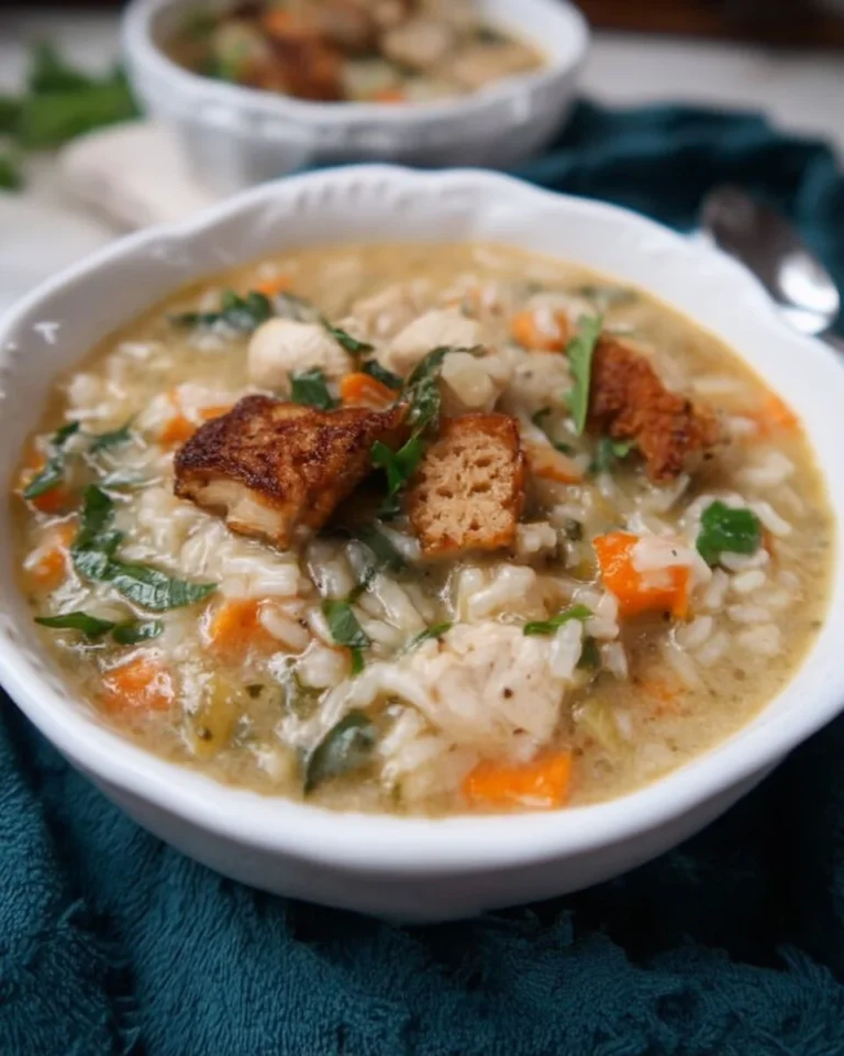 Soupe au poulet et riz réconfortante dans un bol, garnie d'herbes fraîches.