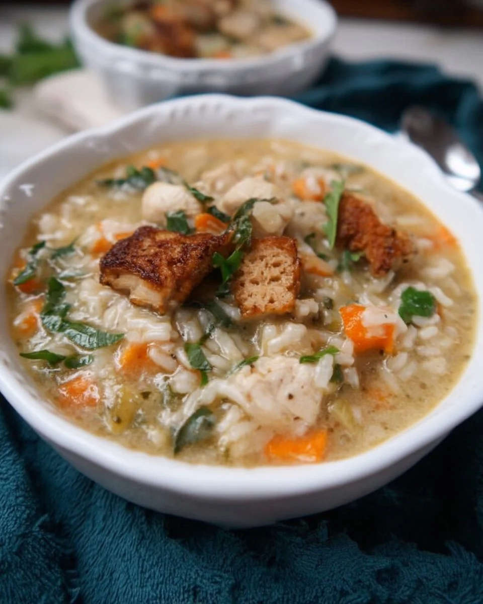 Soupe au poulet et riz réconfortante dans un bol, garnie d'herbes fraîches.