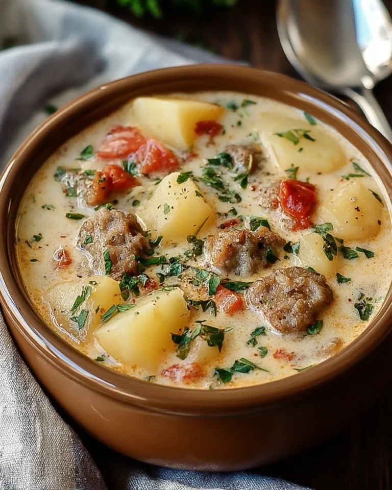 Soupe crémeuse aux saucisses italiennes, parmesan et pommes de terre servie dans un bol.