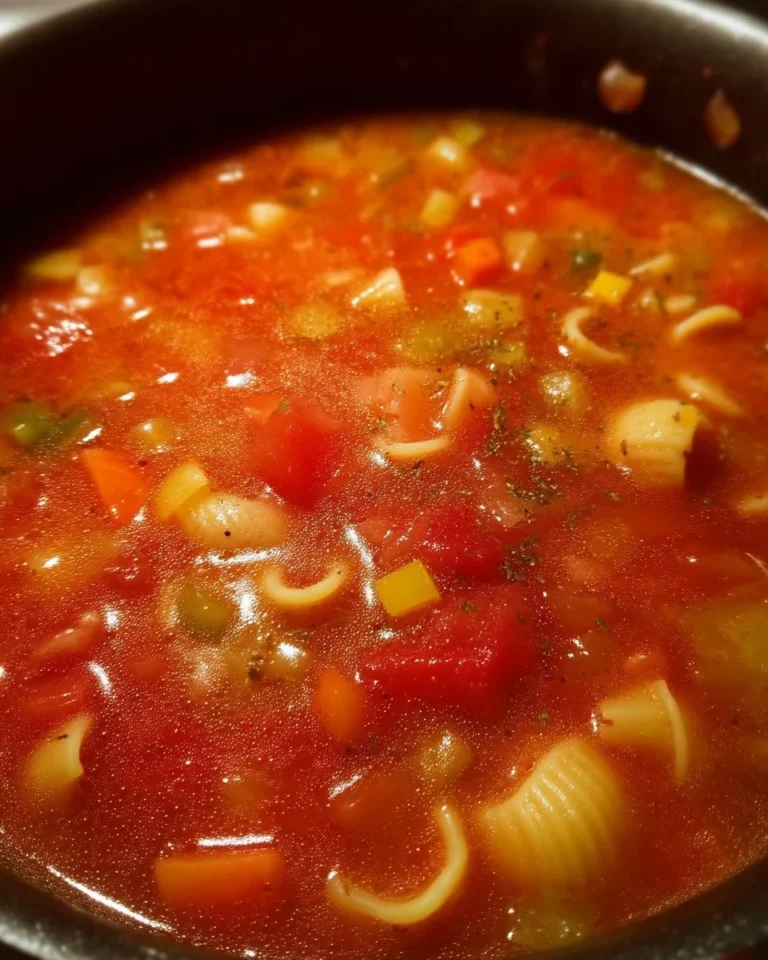 Soupe de coquilles avec tomates et légumes servie dans un bol coloré