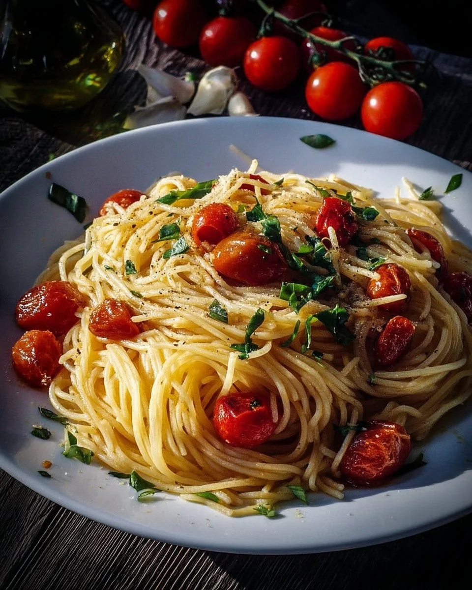 Spaghetti à la sauce tomate garnis de basilic frais