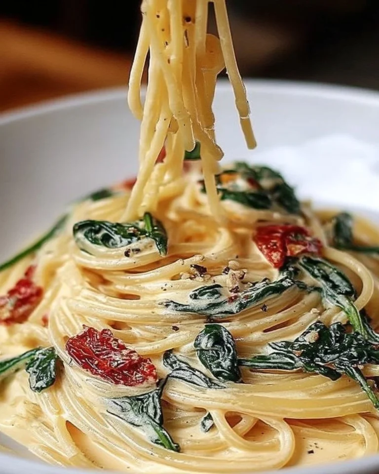 Spaghetti aux épinards et crème de tomates séchées dans une assiette en céramique.