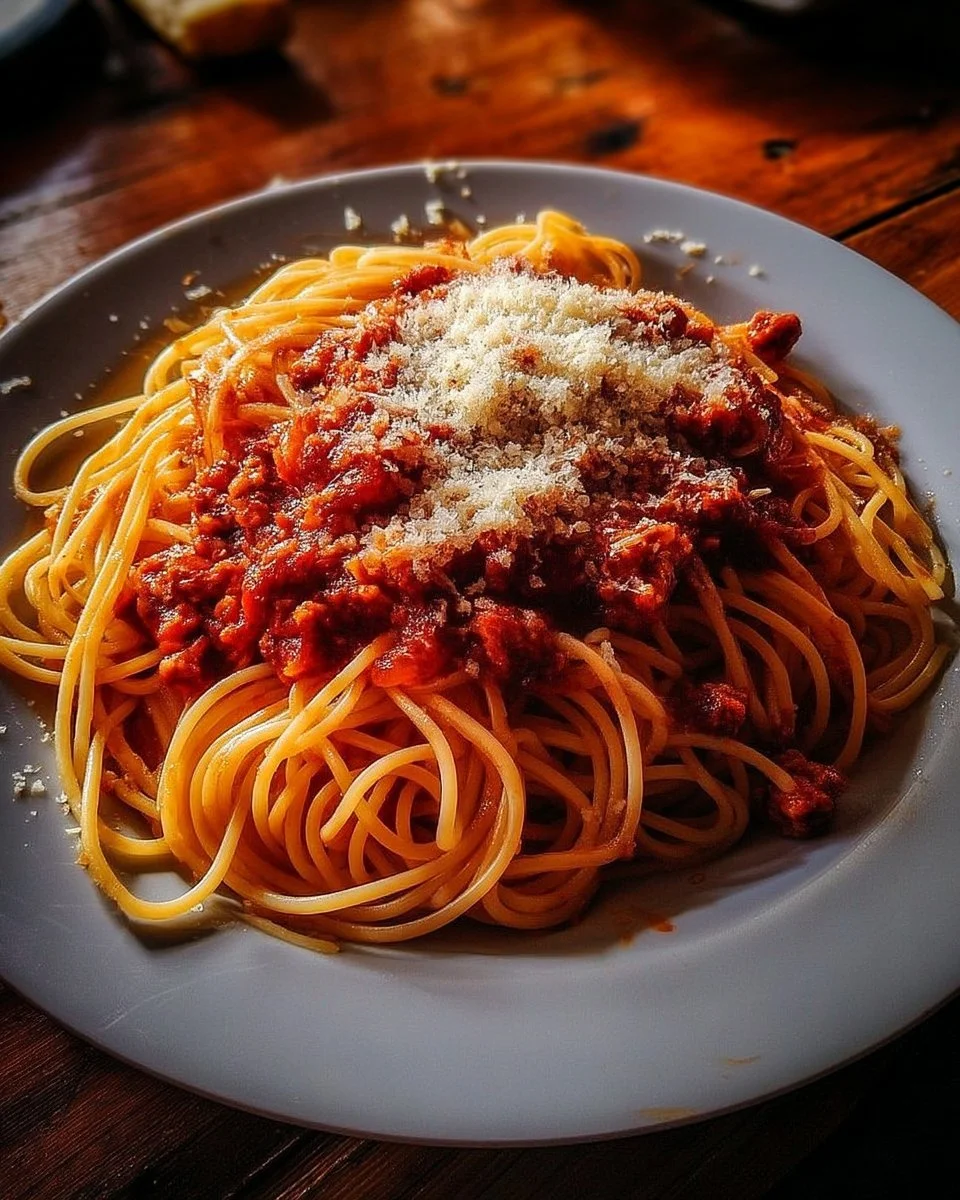 Plat de spaghetti bolognaise maison garni de parmesan frais