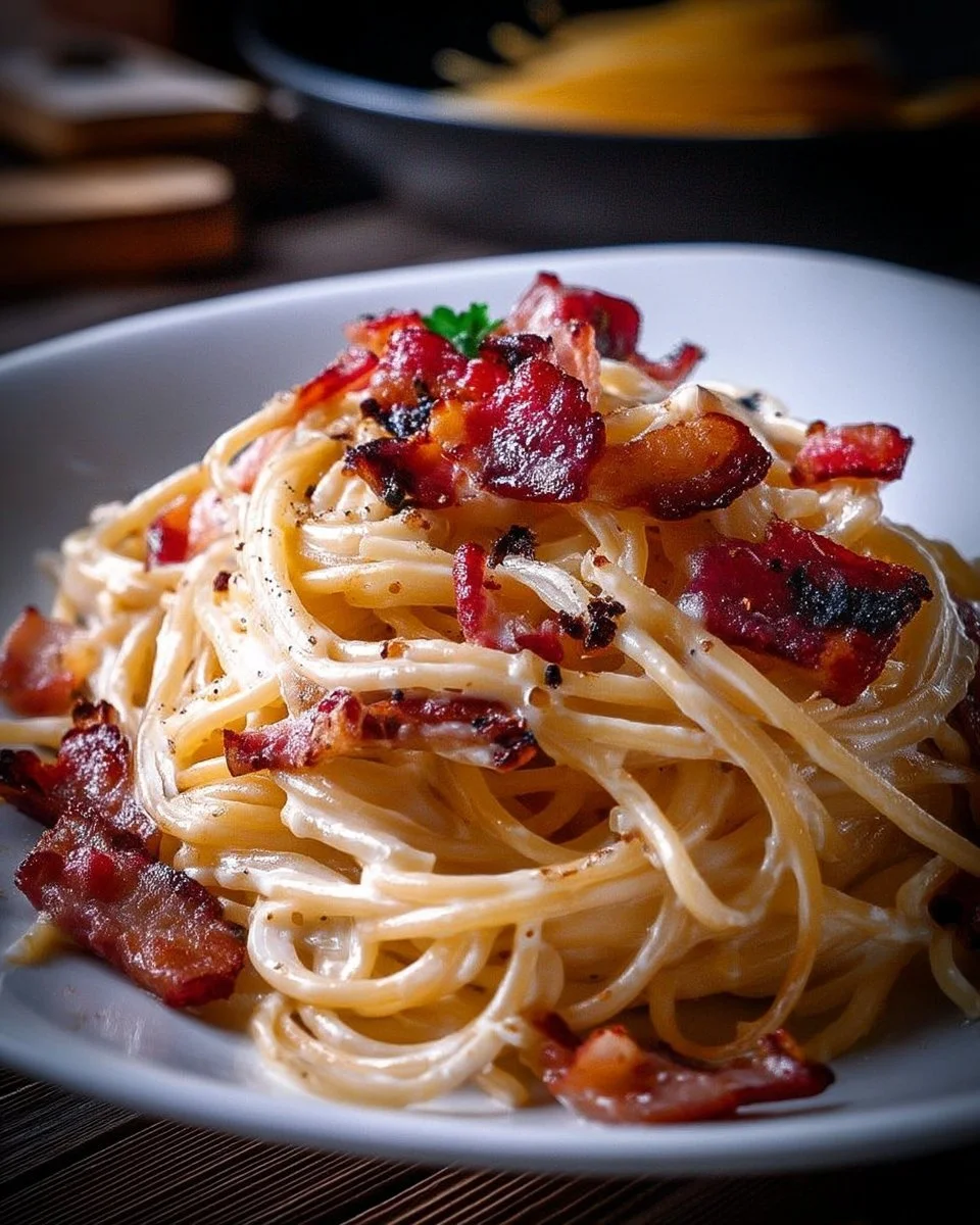 Spaghetti crémeux avec du bacon, plat savoureux et réconfortant.