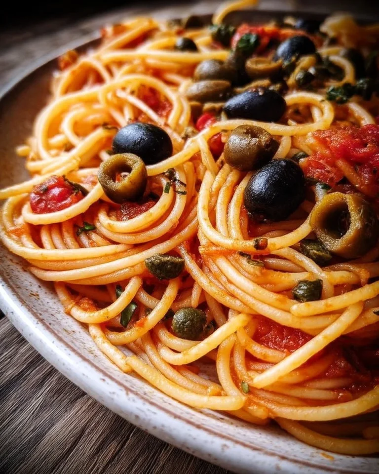 Spaghetti aux olives et câpres dans une assiette rustique