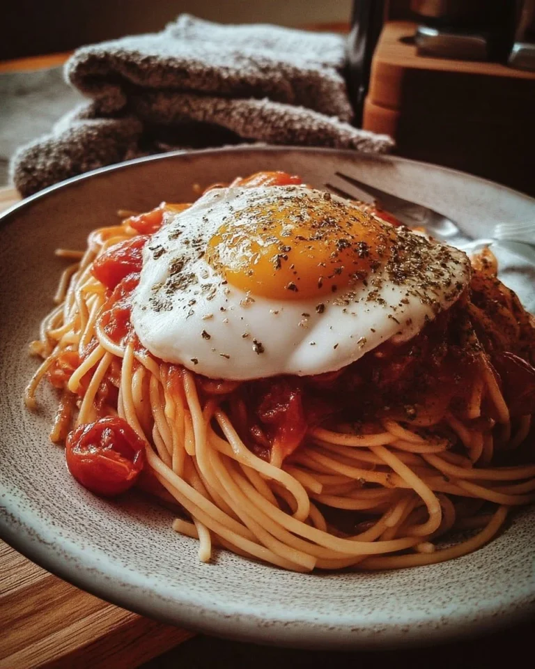 Spaghetti aux tomates et œuf frit présenté dans une assiette savoureuse