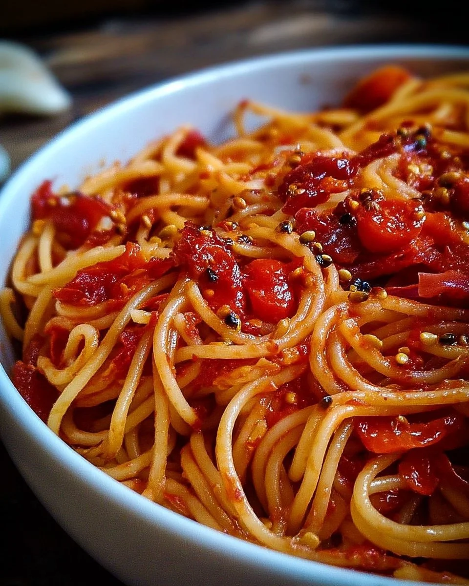 Spaghettis à la sauce tomate légèrement pimentée servie dans une assiette