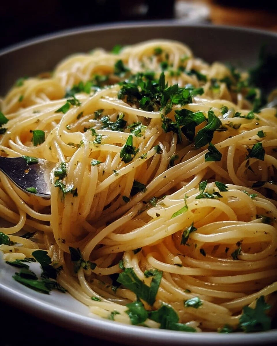 Spaghettis à l'huile d'olive, ail et persil, un plat savoureux et élégant.