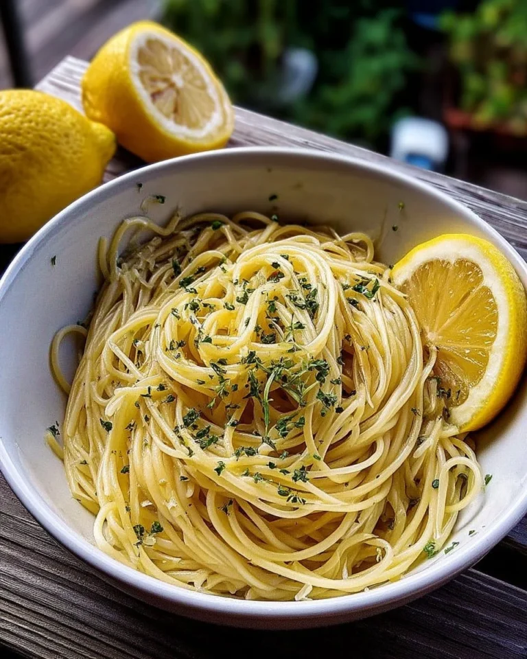 Spaghettis au citron avec huile d’olive et herbes fraîches dans une assiette