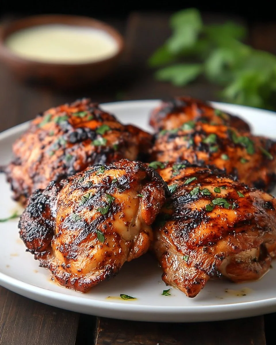 Cuisses de poulet grillées épicées avec ail et paprika sur le gril.