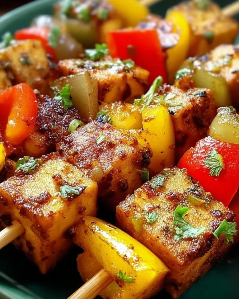 Brochettes de tofu épicées avec poivrons colorés grillés