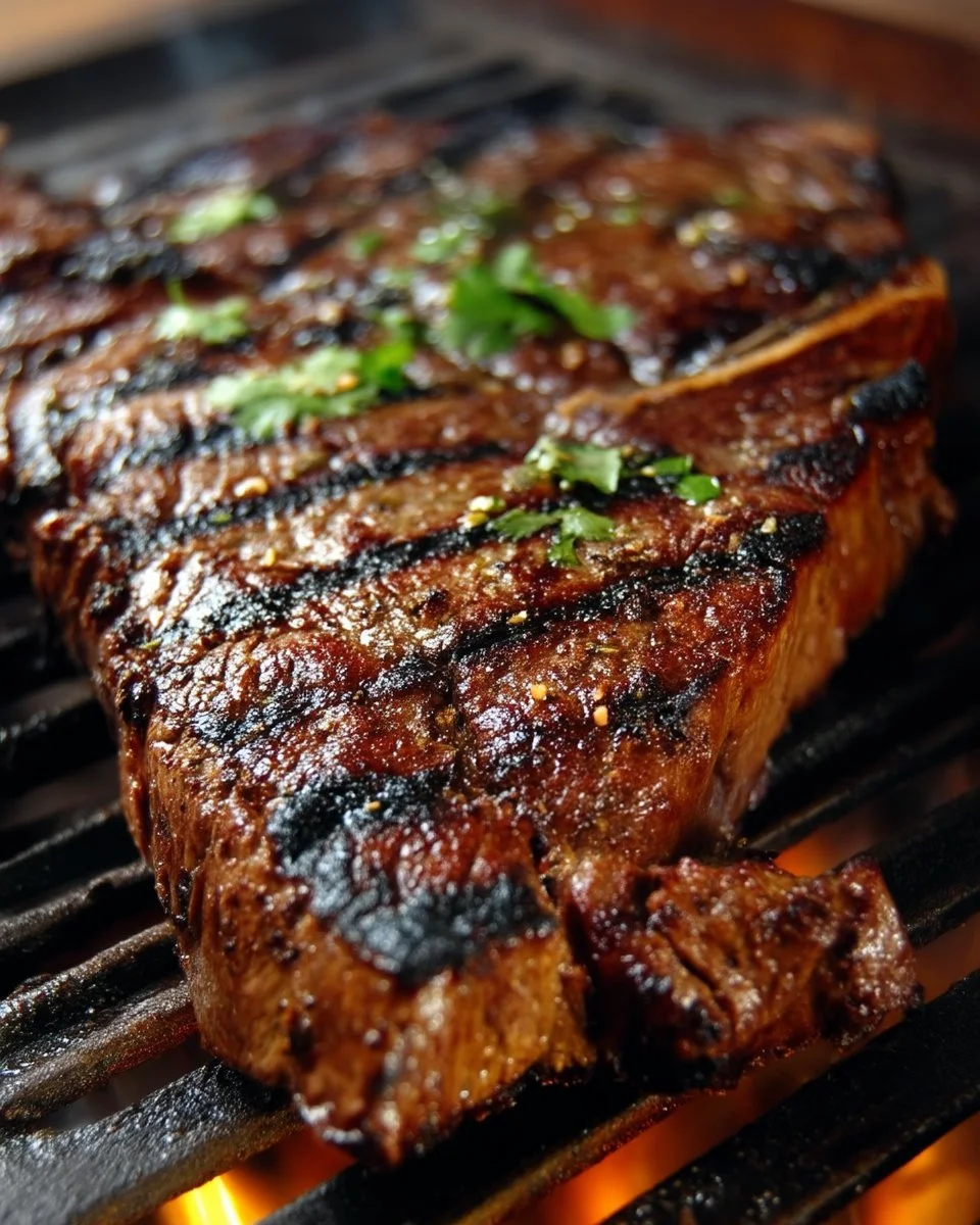Steak assaisonné à l'indienne avec épices et garnitures colorées.